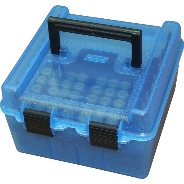 MTM Patronenbox mit Klappdeckel mit Griff R-100-24 blau-transparent