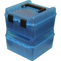 MTM Patronenbox mit Klappdeckel mit Griff R-100-MAG-24 blau-transparent